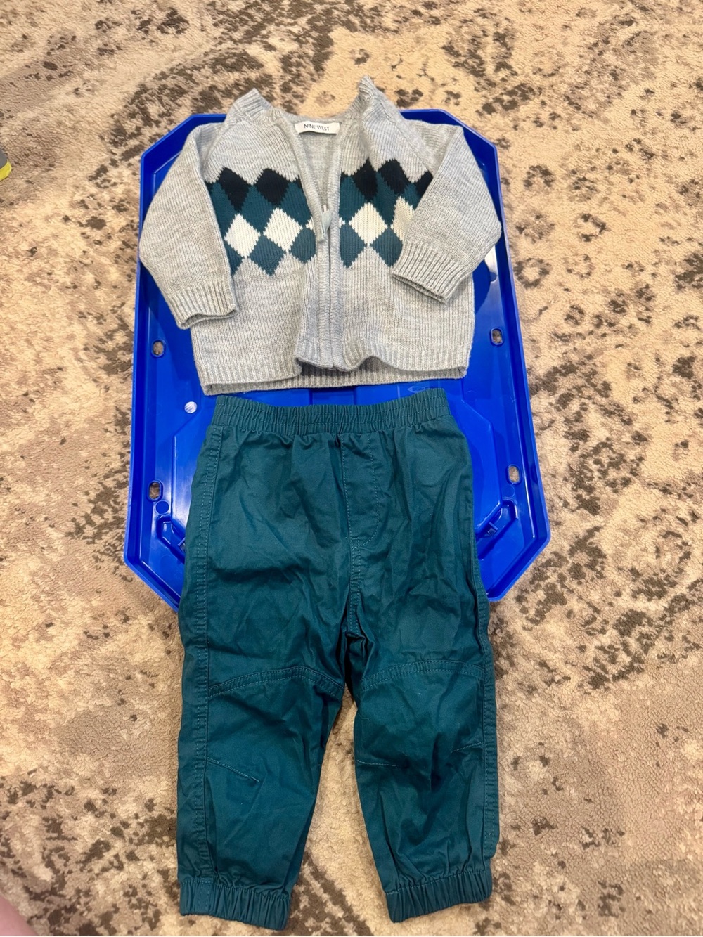 Nine West Kids Gray Argyle Cardigan and Teal Pants Set